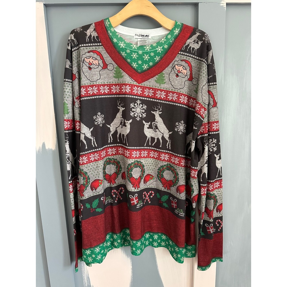 Faux Real Mens Ugly‎ Christmas Sweater Long Sleeve Shirt Reindeer Humorous 2XL